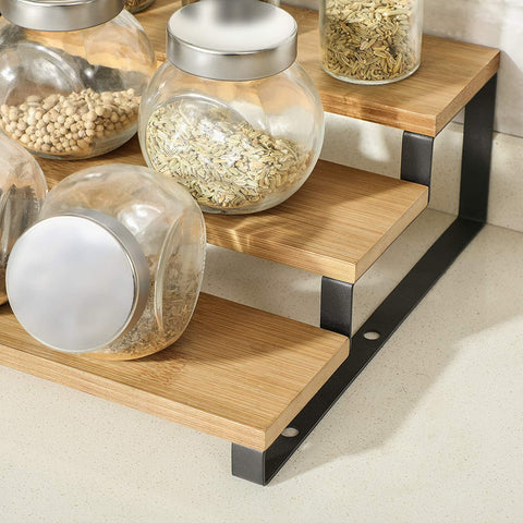 Rootz Kitchen Rack - Spice Rack - Set Of 2 - Three Shelves - Bamboo - Extendable - Stackable - Worktop