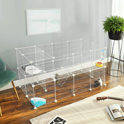 Rootz Animal Cage - Rabbit Hutch - Guinea Pig - 2 Floors - Metal Mesh - White - 143 x 73 x 71 cm