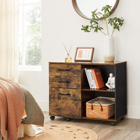 Rootz File Cabinet - Roll Container - Drawer Cabinet - On Wheels - Storage Compartments - Industrial - Brown - Black - Processed Wood - Metal - 80 x 40 x 66 cm