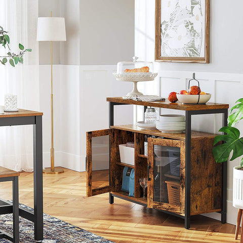 Rootz Sideboard - Storage Cabinet - Sideboard - Kitchen Cabinet - 2 Doors - 2 Open Compartments - Industrial - Brown - Black - Processed Wood - Metal - 100 x 35 x 80 cm