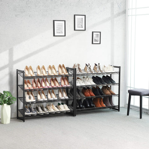 Rootz Shoe rack with 8 levels - Set of 2 stackable 4-tier shoe organizers - Metal shoe storage with adjustable mesh shelves - Black