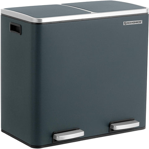 Rootz 48L Trash Can - Garbage Can - Pedal Bin - 2 Compartments - Soft Close - Inner Buckets - Foot Pedals - Handles - Black