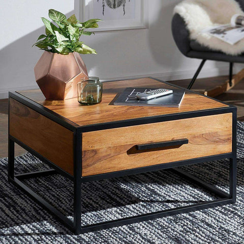 Rootz Industrial Coffee Table - Side Table - Solid Wood - Brown - Luxury Retro Vintage Glass Coffee Table With Storage Space - 65 x 38 x 65 cm
