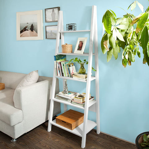 Rootz Modern 5 Tiers Ladder Shelf Bookcase- Wood Storage Display Shelving- Wall Shelf