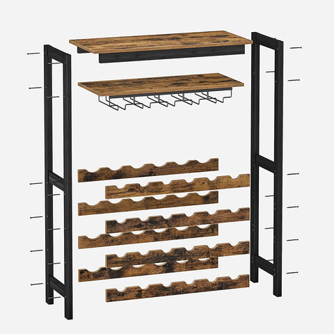 Rootz Wine Rack with Glass Holders - Wine Holder - Bottle Rack - Standing - Industrial - Brown and Black - 66 x 30 x 100 cm