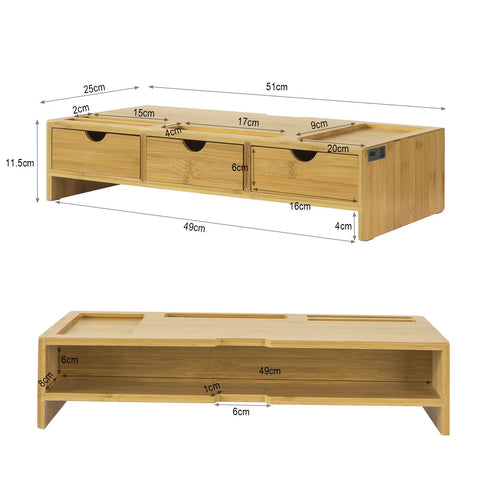 Rootz Bamboo Monitor Stand Computer Screen- Monitor Stand Monitor Riser Desk Organizer with 3 Drawers