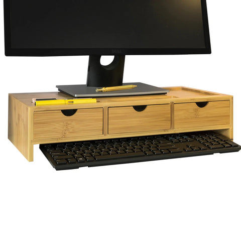 Rootz Bamboo Monitor Stand Computer Screen- Monitor Stand Monitor Riser Desk Organizer with 3 Drawers