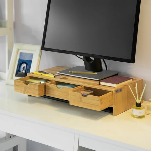 Rootz Bamboo Monitor Stand Computer Screen- Monitor Stand Monitor Riser Desk Organizer with 3 Drawers