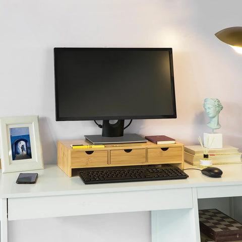 Rootz Bamboo Monitor Stand Computer Screen- Monitor Stand Monitor Riser Desk Organizer with 3 Drawers