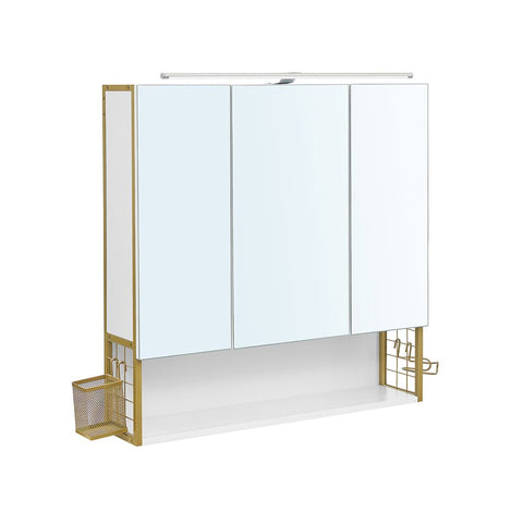 Rootz Mirror Cabinet - Bathroom Cabinet - Wall Mirror Cabinet - Mirror Cabinet With Lighting - Bathroom Storage Cabinet - Chipboard/Steel/Glass - White-Gold - 70 x 14.5 x 70 cm