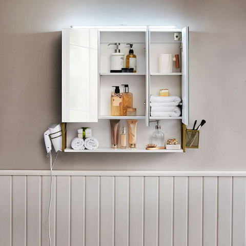 Rootz Mirror Cabinet - Bathroom Cabinet - Wall Mirror Cabinet - Mirror Cabinet With Lighting - Bathroom Storage Cabinet - Chipboard/Steel/Glass - White-Gold - 70 x 14.5 x 70 cm