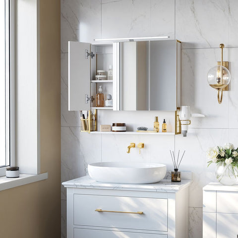 Rootz Mirror Cabinet - Bathroom Cabinet - Wall Mirror Cabinet - Mirror Cabinet With Lighting - Bathroom Storage Cabinet - Chipboard/Steel/Glass - White-Gold - 70 x 14.5 x 70 cm