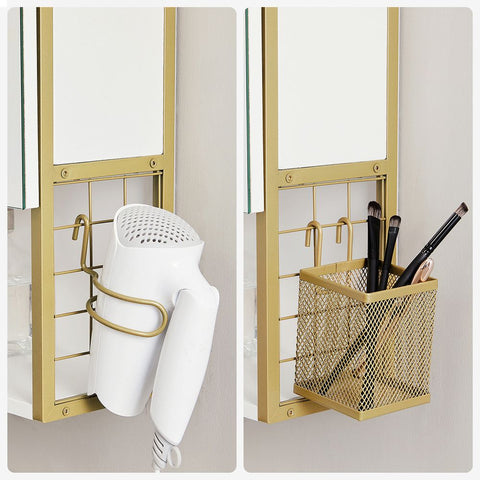 Rootz Mirror Cabinet - Bathroom Cabinet - Wall Mirror Cabinet - Mirror Cabinet With Lighting - Bathroom Storage Cabinet - Chipboard/Steel/Glass - White-Gold - 70 x 14.5 x 70 cm
