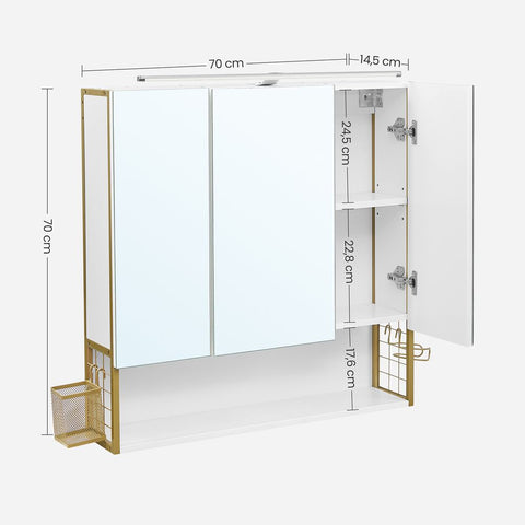 Rootz Mirror Cabinet - Bathroom Cabinet - Wall Mirror Cabinet - Mirror Cabinet With Lighting - Bathroom Storage Cabinet - Chipboard/Steel/Glass - White-Gold - 70 x 14.5 x 70 cm