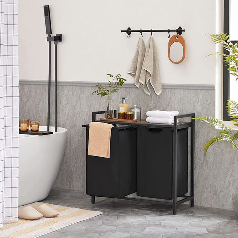 Rootz Laundry Basket - Compact Laundry Basket - Portable Laundry Basket - Stylish Laundry Basket - Laundry Basket With Pull-Out Laundry Bags - Washing Basket - Vintage Brown-Black - 73 x 33 x 72 cm