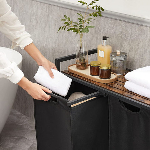 Rootz Laundry Basket - Compact Laundry Basket - Portable Laundry Basket - Stylish Laundry Basket - Laundry Basket With Pull-Out Laundry Bags - Washing Basket - Vintage Brown-Black - 73 x 33 x 72 cm