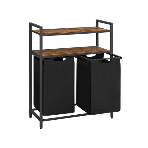 Rootz Laundry Basket - Laundry Basket With 2 Compartments - Clothes Basket Wicker - Laundry Basket - Plastic Laundry Basket - MDF - Steel - Oxford Cloth - Vintage Brown-black - 73 x 33 x 91 cm (L x W x H)