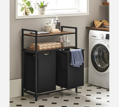 Rootz Laundry Basket - Laundry Basket With 2 Compartments - Clothes Basket Wicker - Laundry Basket - Plastic Laundry Basket - MDF - Steel - Oxford Cloth - Vintage Brown-black - 73 x 33 x 91 cm (L x W x H)