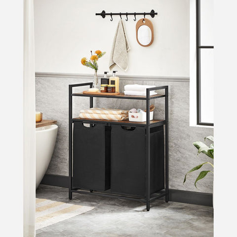 Rootz Laundry Basket - Laundry Basket With 2 Compartments - Clothes Basket Wicker - Laundry Basket - Plastic Laundry Basket - MDF - Steel - Oxford Cloth - Vintage Brown-black - 73 x 33 x 91 cm (L x W x H)