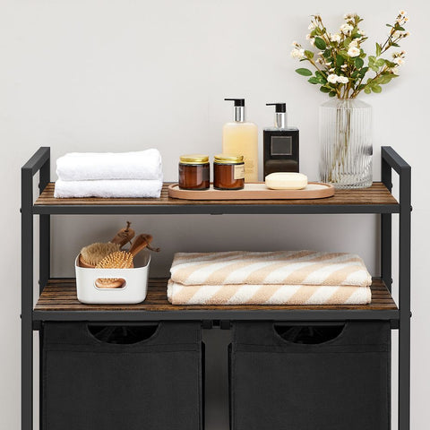 Rootz Laundry Basket - Laundry Basket With 2 Compartments - Clothes Basket Wicker - Laundry Basket - Plastic Laundry Basket - MDF - Steel - Oxford Cloth - Vintage Brown-black - 73 x 33 x 91 cm (L x W x H)