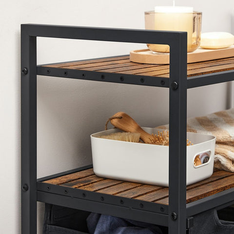 Rootz Laundry Basket - Laundry Basket With 2 Compartments - Clothes Basket Wicker - Laundry Basket - Plastic Laundry Basket - MDF - Steel - Oxford Cloth - Vintage Brown-black - 73 x 33 x 91 cm (L x W x H)