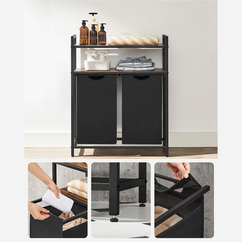 Rootz Laundry Basket - Laundry Basket With 2 Compartments - Clothes Basket Wicker - Laundry Basket - Plastic Laundry Basket - MDF - Steel - Oxford Cloth - Vintage Brown-black - 73 x 33 x 91 cm (L x W x H)