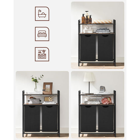 Rootz Laundry Basket - Laundry Basket With 2 Compartments - Clothes Basket Wicker - Laundry Basket - Plastic Laundry Basket - MDF - Steel - Oxford Cloth - Vintage Brown-black - 73 x 33 x 91 cm (L x W x H)