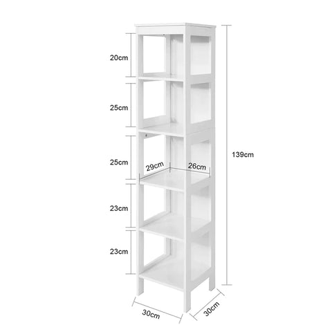 Rootz White 5 Tiers Bathroom Shelf Bathroom Storage Shelf Cabinet Unit- 30x30x139cm