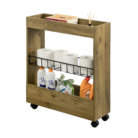 Rootz Bathroom Toilet Paper Roll Holder-Narrow Bathroom Shelf on Wheels- 3 Tiers Mobile Storage Shelf Rack