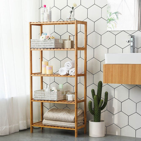 Rootz Bathroom Shelf - 5 Shelves Bathroom Shelf - Bamboo Bathroom Shelf - Corner Bathroom Shelf - Open Bathroom Shelf - Bathroom Storage Shelf - Bathroom Shelf Organizer - Natural - 60 x 130 x 26 cm (W x H x D)