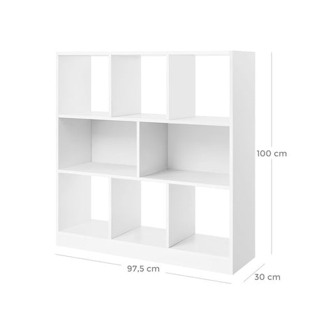 Rootz Bookcase - Bookshelf - 8 Compartments Bookcase - Modern Bookcase - Shelving Unit - Open Bookcase - Tall Bookcase - Corner Bookcase - Bookcase Organizer - White - 97.5 x 100 x 30 cm
