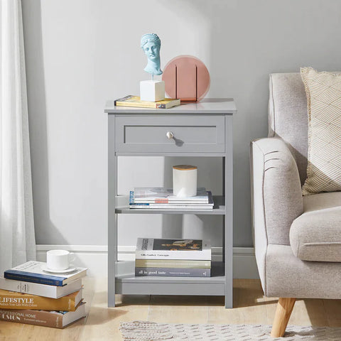 Rootz Bedside Table - Nightstand - End Table - Coffee Table - Lamp Table - Night Stand with 1 Drawer and 2 Shelves - Light Grey
