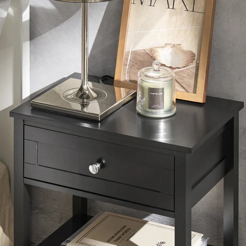 Rootz Side Table - End Table - Coffee Tables - Lamp Table - Bedside Table - Night Stand with 1 Drawer and 2 Shelves - Black