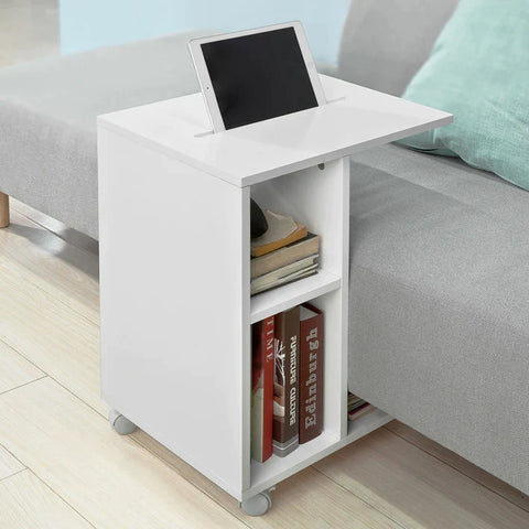 Rootz Sofa Side Table-End Table Coffee Table on Wheels with 2 Storage Shelves & Tablet Holder