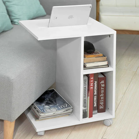 Rootz Sofa Side Table-End Table Coffee Table on Wheels with 2 Storage Shelves & Tablet Holder