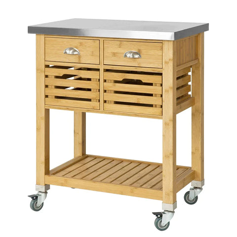 Rootz Bamboo Kitchen Serving Trolley - Storage Trolley Cart with Stainless Steel Worktop