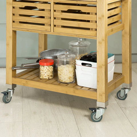 Rootz Bamboo Kitchen Serving Trolley - Storage Trolley Cart with Stainless Steel Worktop