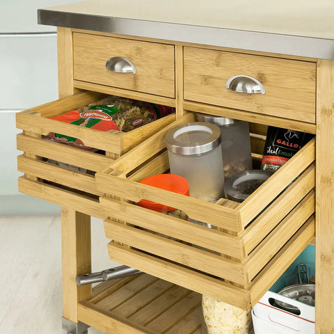 Rootz Bamboo Kitchen Serving Trolley - Storage Trolley Cart with Stainless Steel Worktop