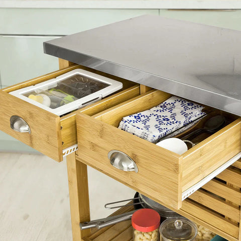 Rootz Bamboo Kitchen Serving Trolley - Storage Trolley Cart with Stainless Steel Worktop