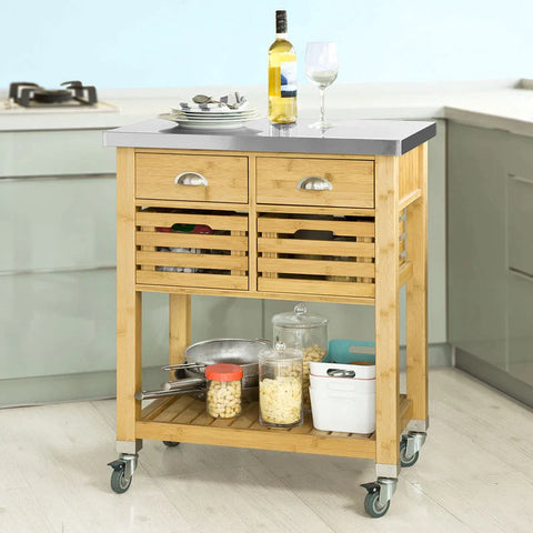 Rootz Bamboo Kitchen Serving Trolley - Storage Trolley Cart with Stainless Steel Worktop