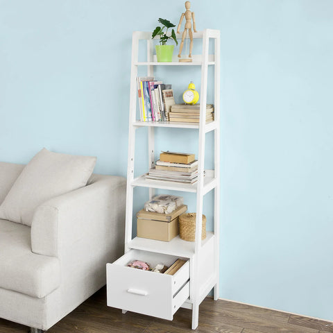 Rootz White Storage Display Shelving Ladder Shelf Bookcase with Drawer and 4 Shelves