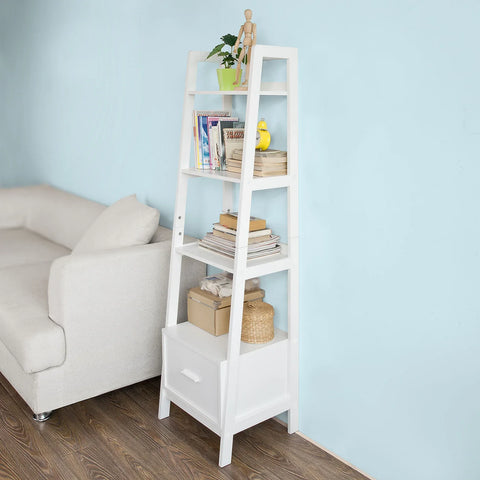 Rootz White Storage Display Shelving Ladder Shelf Bookcase with Drawer and 4 Shelves