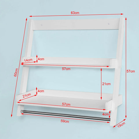 Rootz White Wall Mounted Shelf-Storage Display Ladder Shelf- Bathroom Shelf-2 Shelves + 1 Hanging Rail