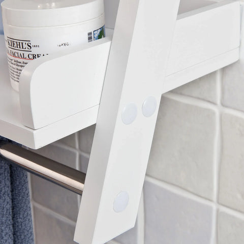 Rootz White Wall Mounted Shelf-Storage Display Ladder Shelf- Bathroom Shelf-2 Shelves + 1 Hanging Rail