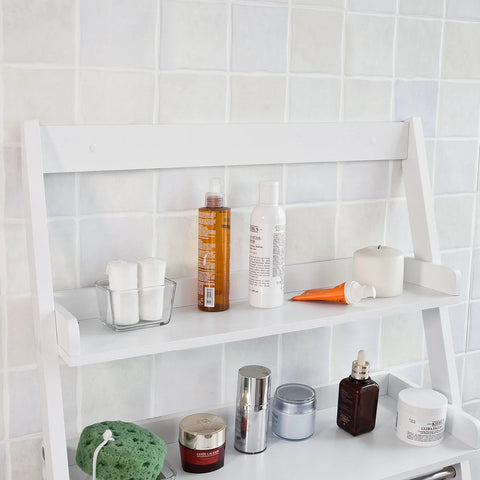 Rootz White Wall Mounted Shelf-Storage Display Ladder Shelf- Bathroom Shelf-2 Shelves + 1 Hanging Rail