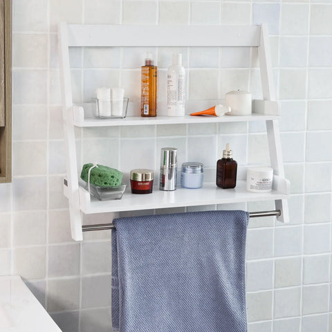 Rootz White Wall Mounted Shelf-Storage Display Ladder Shelf- Bathroom Shelf-2 Shelves + 1 Hanging Rail