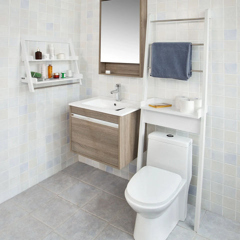 Rootz White Wall Mounted Shelf-Storage Display Ladder Shelf- Bathroom Shelf-2 Shelves + 1 Hanging Rail