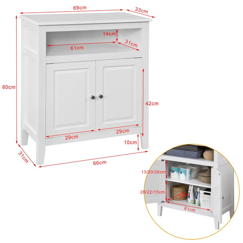 Rootz White Bathroom Storage - Cabinet Storage Cupboard Bathroom Shelf - W69 x D33 x H80cm