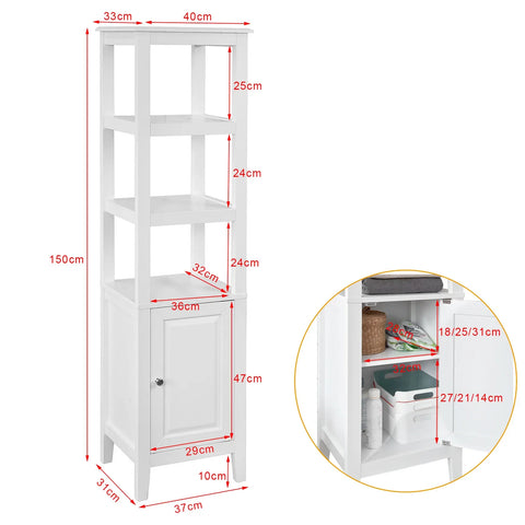 Rootz White Floor Standing - Tall Bathroom Storage Cabinet with 3 Shelves and 1 Cabinet