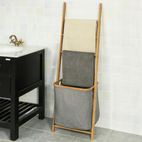 Rootz Bathroom Storage Shelf- Towel Holder with 3 Hanging Rails & Removable Laundry Basket